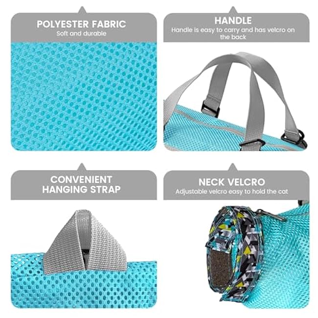 Cinf Cat Bathing Bag(Free Muzzle) Breathable Mesh Anti Scratch Adjustable Cat Grooming Bag for Nail Trimming, Bathing Soft Cat Washing Bag(Light Blue) M-4WvQ7PW0