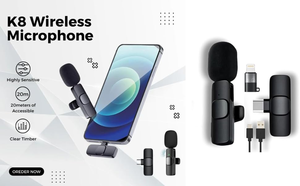 Image of Wireless Microphone 2-in-1 Lavalier Mic with Receiver for iPhone /Android Type-C Plug & Play Clip-On Mini Microphone for YouTube Vlogging, Zoom (K8-Mic)