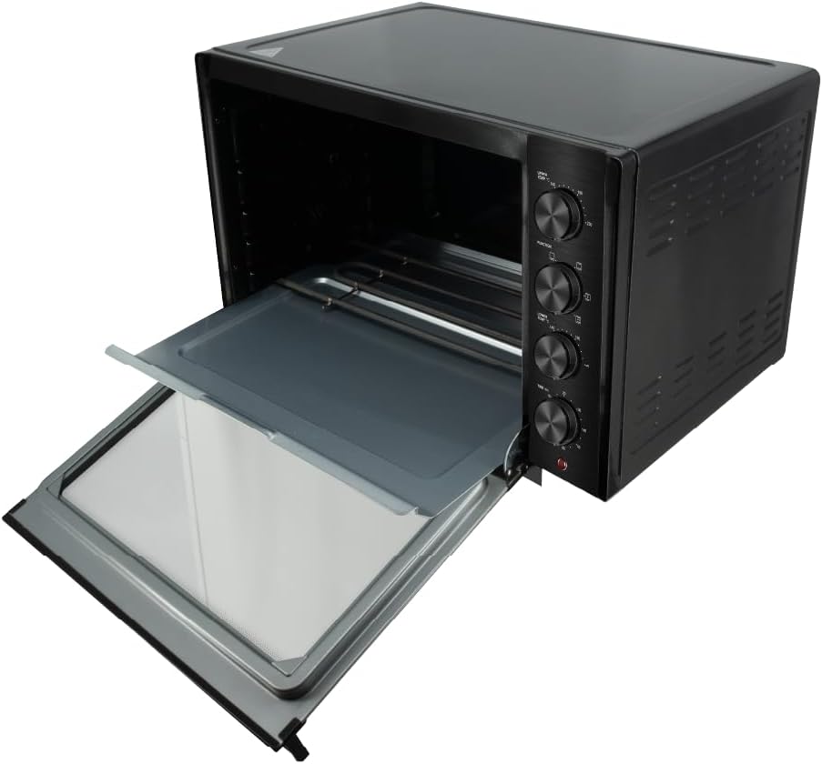 Mayer 35L Electric Oven MMO3501 with the door open, revealing the interior and heating elements.
