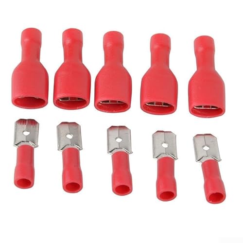 100Pcs Red Insulated Spade Crimp Connectors Terminals, Male and Female Electrical Wire Cable Ends for Car Marine Auto, PVC Copper 22-16AWG, For Tin Plated