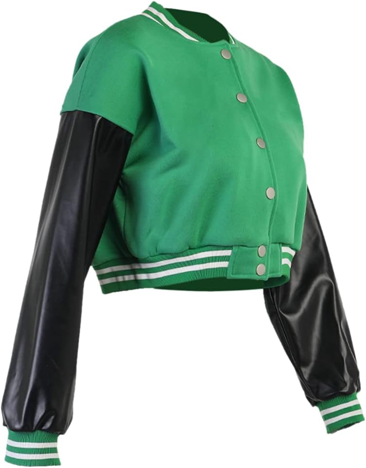 qfmqkpi Women Color block Crop Fleece Baseball Jacket Button Down Bomber Coats Sweatshirt - Image 2