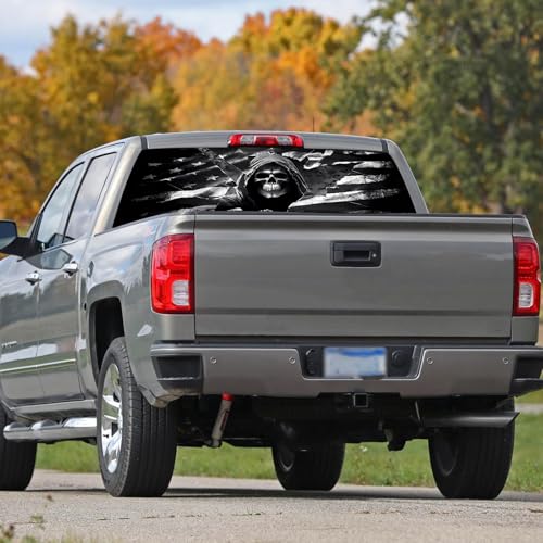 Image of Rear Window Decals for Trucks - 65x17.3 in Back Window Decals Fit Most Pickup Trucks SUV, Vinyl American Skull Flag Back Window Decal for Car Personalized Decoration - Skull Decal-1-S