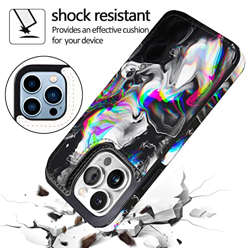 Image of uCOLOR Compatible with iPhone 13 Pro Wallet Case with Card Holder Slots Marble Flip Leather RFID Kickstand Phone Wallet Cover for Women and Girls 6.1 inch (Black Rainbow Marble, iPhone 13 Pro 6.1 inch)
