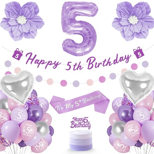 Ballon 5 Ans, Decoration Anniversaire 5 Ans, Décoration à Thème Violet y Compris Insert à Gâteau, Sangles, Fleurs Violettes, Anniversaire Ballon 5 Ans Fille