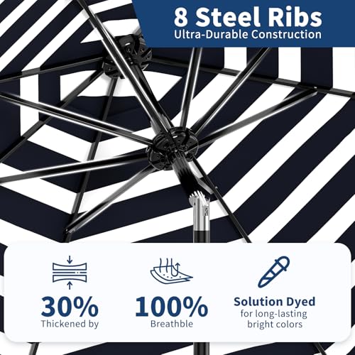 Patio Umbrella 9ft, Table Umbrella Outdoor Patio UV Protection with Crank Lift & Push Button Tilt, 8 Sturdy Ribs for Yard, Deck, Pool - Blue & White Stripe