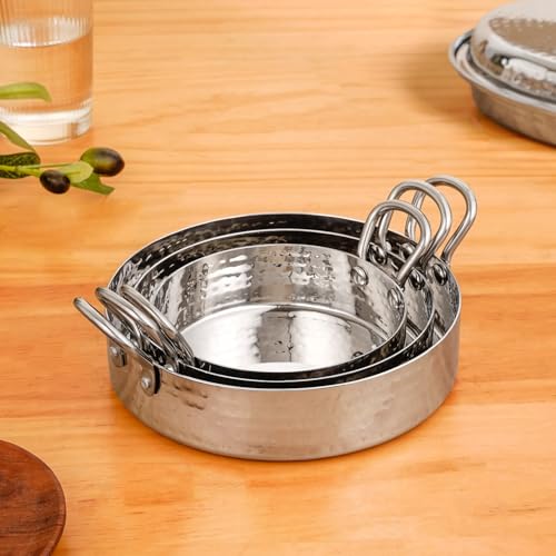 Image of Nestasia Stainless Steel Round Serving Dishes Set of 3 (480ml, 700ml, 1000ml) - Hammered Flat-Base Steel Serving Bowl with Dual Handles | Rust, Stain & Scratch Resistant Serveware with Glossy Finish