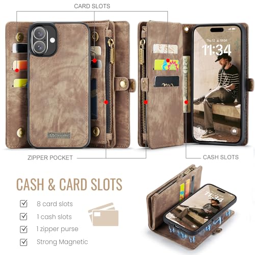 Coque iPhone 16 en cuir marron avec porte-carte détachable et cordon - 2