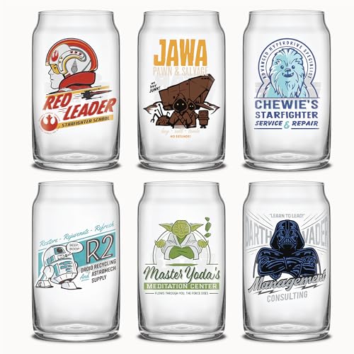 JoyJolt Star Wars Retro Vintage Collection 16.9oz Glass Tumblers - Featuring Darth Vader, R2D2, Yoda, Chewbacca, Red Leader, Jawa - Original Trilogy Drinkware, Set of 6 with Glass Straws