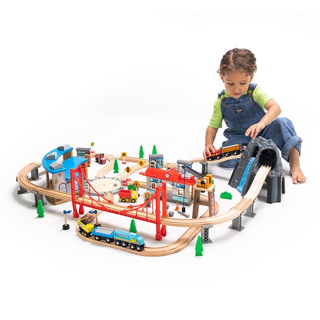 Fat Brain Toys 100pc Mountain Train Set - Wooden Magnetic Train with Roundhouse, 3+