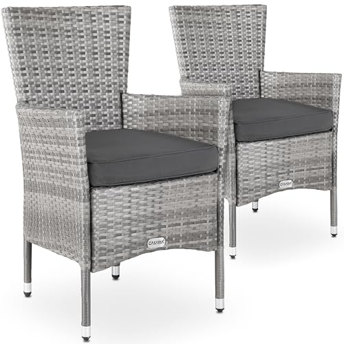 CASARIA Set of 2 Polyrattan Garden Chairs | Stackable | Weatherproof | High Back Armchairs with 7cm Padded Seat Cushions | 160kg Load Capacity | Outdoor Garden Patio Balcony Furniture | Grey