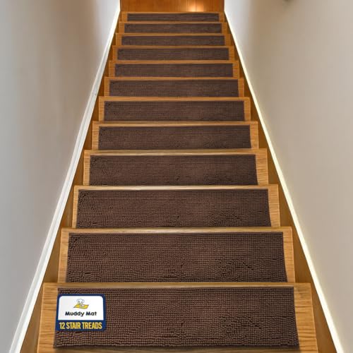 Muddy Mat® Pack of 12 - Soft Chenille Stair Treads Non-Slip Reusable, Super Absorbent Stair Treads for Wooden Steps, Tile & Marble Floor, Easy to Install & Machine Washable - Brown 30'' x 7''