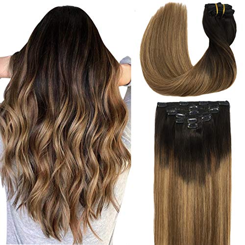 Clip in Hair Extensions Remy Ombre Dark Brown Fading to Chestnut Brown and Dirty Blonde 16 Inch Real Human Hair Clip in Extensions Natural Straight Hair Extensions 120g 7pcs