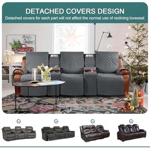 Image of Ruaozz Waterproof Recliner Sofa Cover with Console, Non-Slip Couch Cover Pet Cover for Double Recliner Split Sofa Cover with Elastic Straps for Kids, Dogs, Pets (Dark Grey, 3 Seater)