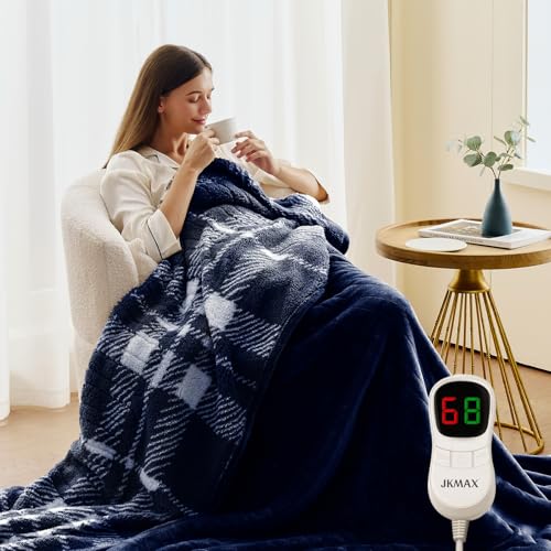 JKMAX Heated Electric Blanket Throw Size - 50"x60" Flannel Heating Blanket with 10 Heating Levels & 5 Time Settings Over-Heat Protection, Winter Warmer for Adults with ETL Certification(Navy Blue)