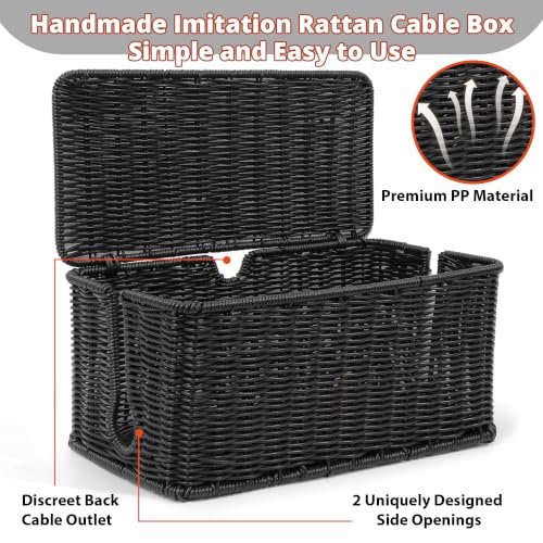 Image of ZhiYo Rattan Cable Management Box, Black Desk Cord Organizer, 2 Pack (M&L)
