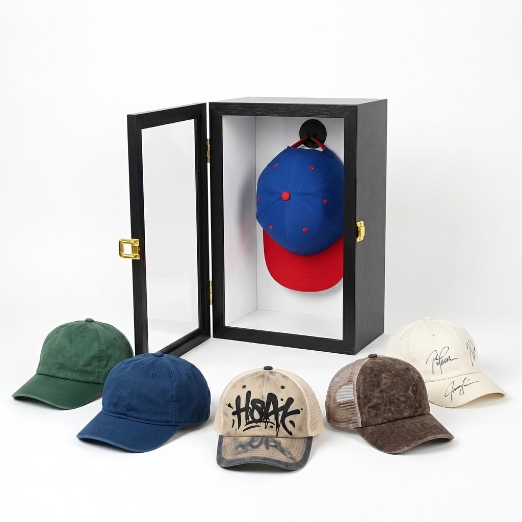 Hat Display Case with Hinged Door - Baseball Cap Shadow Box Ready to Hang, No Assembly Required, Includes Mounting Hardware & Hooks, Wall Mount Memorabilia Showcase for Collectors