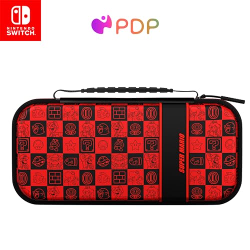 PDP Nintendo Switch Travel Case Plus GLOW with Wrist Strap, Built-in Stand & Game Storage Pockets, Officially Licensed for Switch Lite/OLED: Super Mario Icon Red & Black (Glow in the Dark)