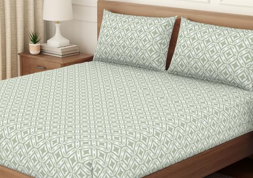 Image of Welspun ENZO King Size Fitted Bedsheet with 2 Pillow Covers | 360 Elastic | 100% Pure Cotton | 72 x 79 Inches | Soft, Breathable, Lightweight & Easy Care | Frosty Green