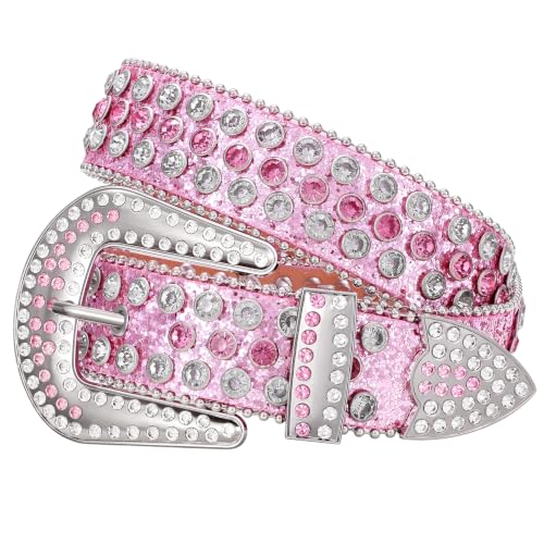 Image of WERFORU Women Men Western Rhinestone Studded Leather Belt Unisex Bling Cowgirl Cowboy Waist Belt for Jeans Pants Dress