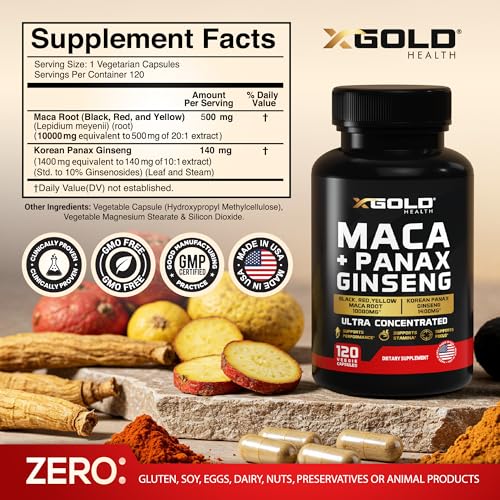 image for X Gold Health Maca Root Capsules 10,000mg + Korean Panax Ginseng 1,400