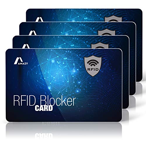 Amazy Tarjeta RFID y NFC (4 unids.) – Incl. Etiqueta para Maleta – Protección Total de Identidad y contra Robo de Datos – Bloqueo RFID para Tarjetas y Pasaporte (Universo)