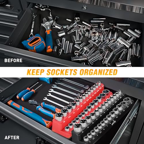 Image of GOOACC 1 /4 inch Magnetic Socket Organizer, 2 Pieces Socket Holder Metric SAE Socket Tray, 1 /4 inch Socket Organizer Tray Holds 52 Standard Sockets for Tool Box Drawer