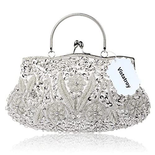 Vistatroy Vintage Style Beaded And Glass Beads Evening Bag Wedding Party Handbag Clutch Purse For Women Female Formal Evening (Silver) #TOP1