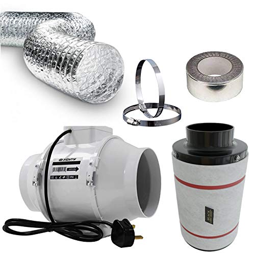 4 Inch Universal Budget Silent Fan Filter Duct Kit for Grow Tent Quite Operation Inline Extractor Fan Air Diffuser Hydroponics 100mm Carbon Filter Flexible Ducting Smell Odor Temperature Heat Control