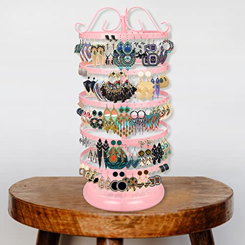 LASZOLA 5 Tiers 360° Rotating Earring Holder Organizer, 220 Holes Metal Necklace Bracelet Jewelry Display Rack Stand Tower - 14x6.3 Inch (Pink) - Image 3