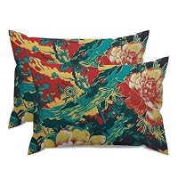 Freecustom Set di 2 federe per cuscino in stile asiatico, con peonie rosse e peonie, 30,5 x 45,7 cm, set di 2 federe decorative per la casa, in cotone e lino, etniche