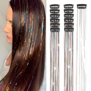 Hair Tinsel 12Pcs Clip in Rainbow Hair Accessories 20.5 Inch Fairy Hair Tinsel Kit for Women Girls Kids Glitter Hair Extensions for Christmas Halloween New Year Party (Rainbow)
