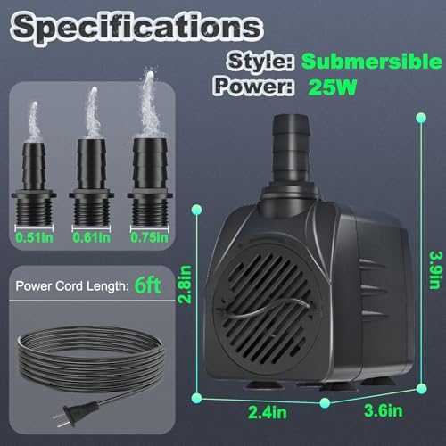 SongLong Submersible Pump 400GPH (1500L 25W) Ultra Quiet with Over Heating Protection 6.5ft High Lift for Fountains, Hydroponics, Ponds, Aquariums & More… - Thumbnail 5