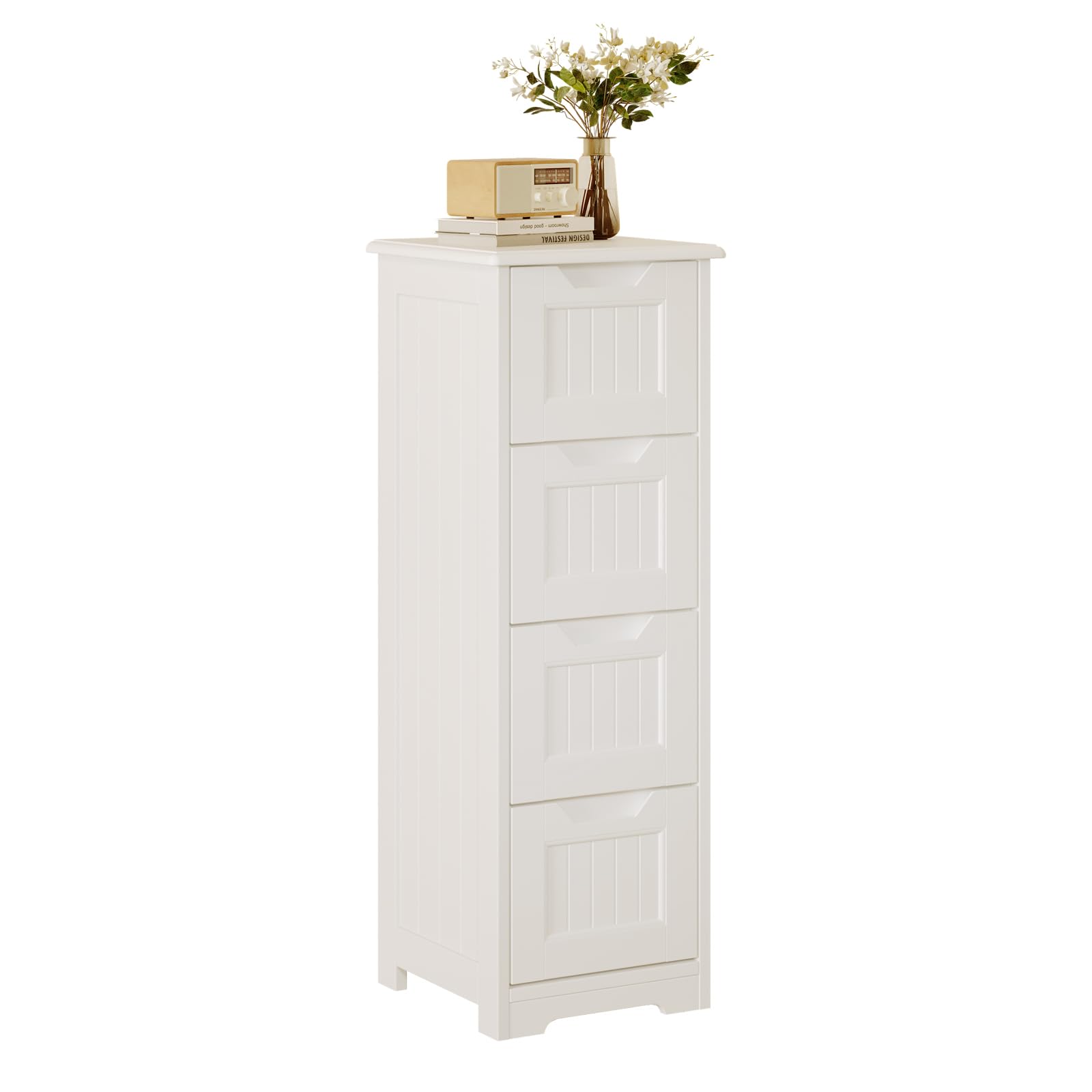 Bealife Armario de Baño con 4 Cajones, Cajonera de Baño, Mueble Estrecho, Adecuado para Dormitorio, Cocina y Salón, Estilo Nórdico Moderno, Blanco (28x28x84cm)