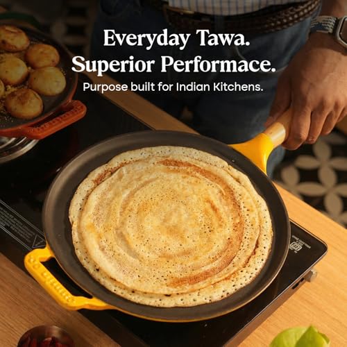 Image of CUMIN CO. Cast Iron Non Stick Dosa Tawa 28 cm | Induction Base Cookware | 10 Year Warranty | Chemical Free Coating | Non Toxic Tawa for Dosa /Chilla | Free Accessories | No Seasoning Needed | Mustard