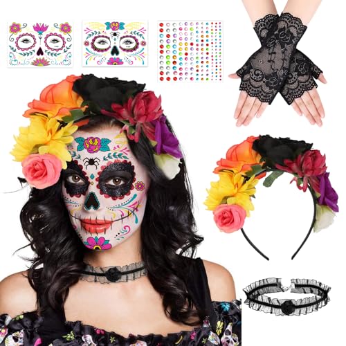 Betensh Diadema Catrina mulher, diadema flores mexicanas, coroa flores catria mulher, adequado para a festa do dia dos mortos de Halloween para mulheres