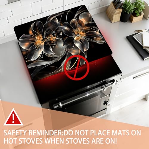 Image of 28 inchx20 inch Anti-Slip Electric Stove Top Cover Black flowers Foldable Heat-Resistant Glass Stove Top Cover Protector, Multi-Scenario Use Dish Drying Mat