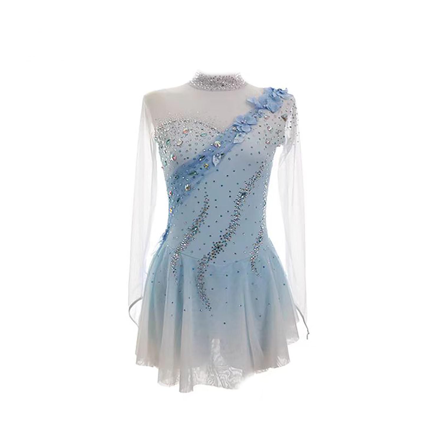 Vestito da Pattinaggio su Ghiaccio da Donna Azzurro Cielo Alta Elasticità Allenamento con Strass Maniche Lunghe Competizione