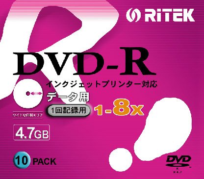 RiTEK D-R8X10PWN DVD-Rデータ用 4.7GB 1回記録用 8倍速 ワイドプリンタブル 白 スリムケース 10枚入り D-R8X10PWN