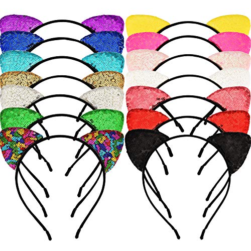 Pangda 14 Pieces Cat Ear Headband Glitter Sequins Hairband Cat Headband for Women Girls Favors, 14 Colors