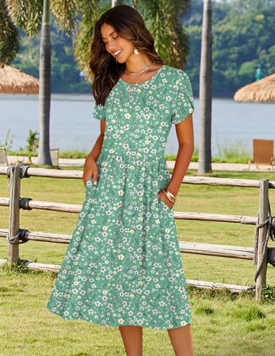 Image of HOTOUCH Women's Summer A-Line Midi Dresses 2026 Casual Floral Short Sleeve T-Shirt Dress Flowy Beach Sundress with Pockets