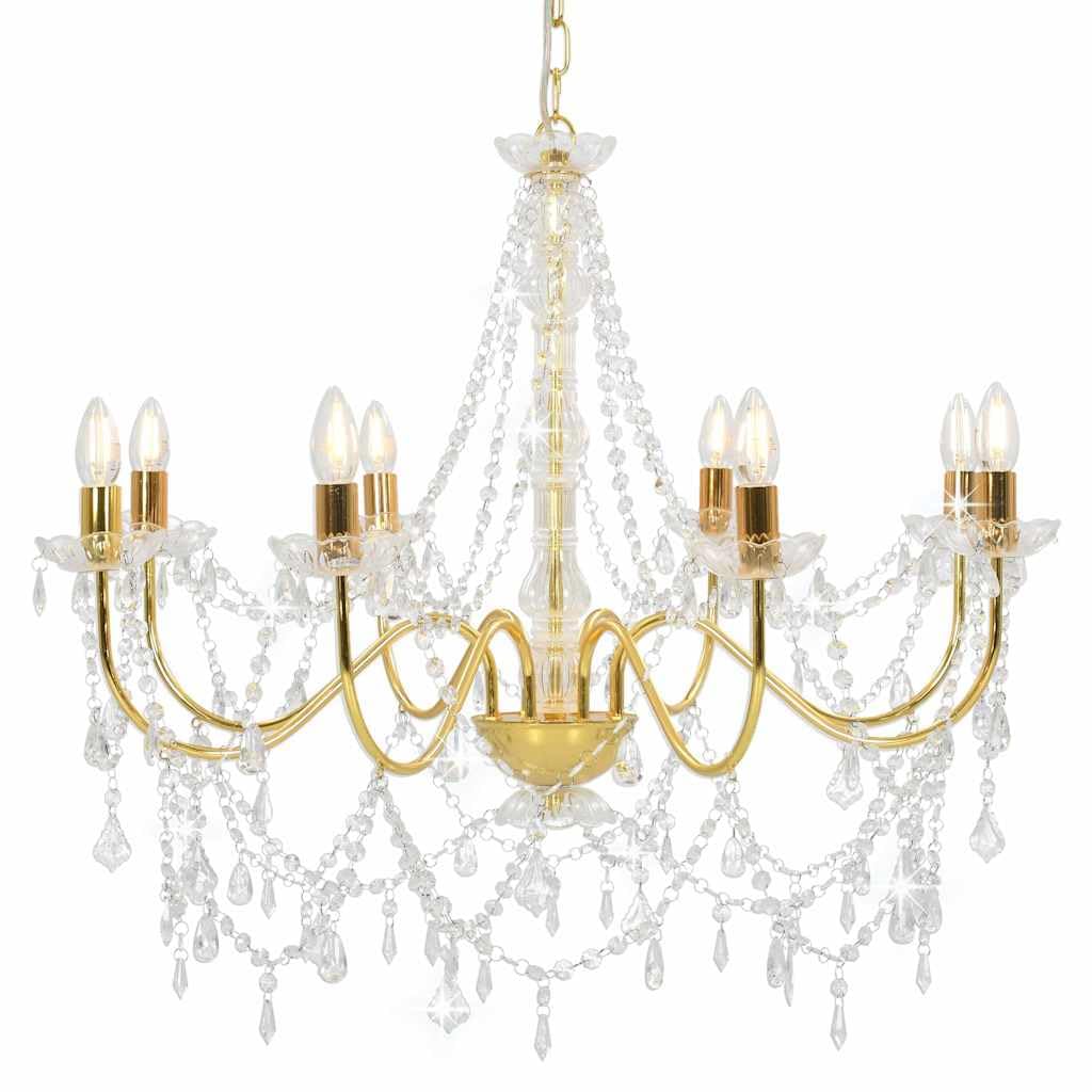 vidaXL Chandelier with Beads Golden 8 x E14 Bulbs