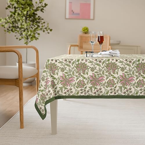 FINGERCRAFT Tablecloth 100% Cotton Floral Table Cover Washable Decorative Linen for Home Camping Outdoor Picnic Dining Table 54 x 72 Inch Summer Block