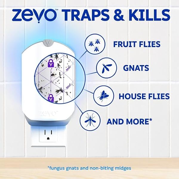 Zevo Flying Insect Traps - Plug-in Indoor Fly Trap and Bug Light Trap Refill with Blue and UV Light - No-Mess Cartridge for House Flies, Fruit Fly Trap and Gnats (2 Plug-in Bases and 2 Cartridges) - 4