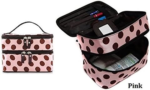 Polka Dot Double Layer Dual Zipper Cosmetic Bag Toiletry Bag Make up Travel Case
