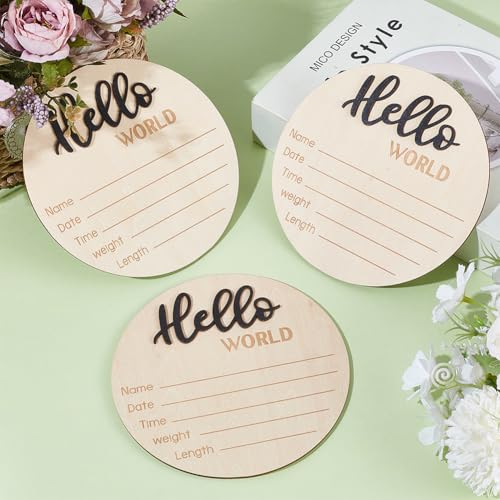 Image of 3Pcs Newborn Announcement Sign 5.9Inches Wooden Hello World Board Newborn Welcome Sign Round Information Board Decroation and Gifts Black for Hospital Home Nursery