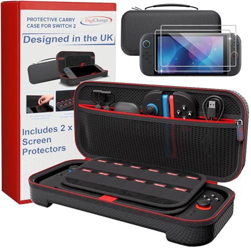 Digicharge Carrying Case for Nintendo Switch 2 & Accessories – 2 x Screen Protectors - Hard Carry Cover Portable Protective Travel Shell Pouch for Nintendo Switch 2 (2025) 24 Game Storage - Black