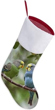 Blue And Green Parakeets Christmas Stockings 18" Large Xmas Stockings with White Super Soft Plush Cuff Hanging Ornaments for Christmas Tree Stairs Fireplace Hanging Xmas Family Holiday Party Decoratio