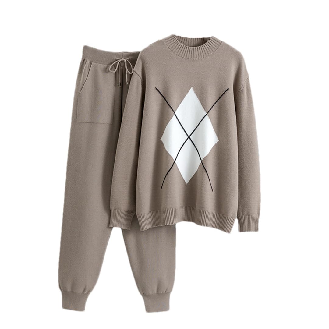 Harem Pants Sweater Activewear Rhombus Oversized Womens Sweater Drawstring Trousers 2 Two-Piece Set