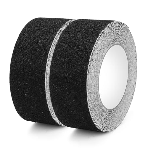 滑り止めテープ 転倒防止 AROMUJO すべり止めテープ 2個セット 鉱物粒子 幅5cm×10m ノンスリップ テープ 貼るだけ簡単 接着テープ 防水 階段 脚立 床 屋外 屋内 安全対策 事故防止 (ブラック)