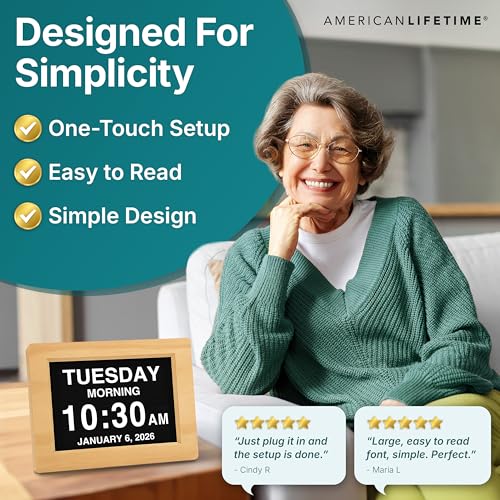 Image of American Lifetime New 2026 Dementia Clock Large Digital Clock for Seniors, Alzeimer Clock Large Display with Custom Alarms, Clock with Day & Date for Elderly, Digital Calendar Premium Light Wood